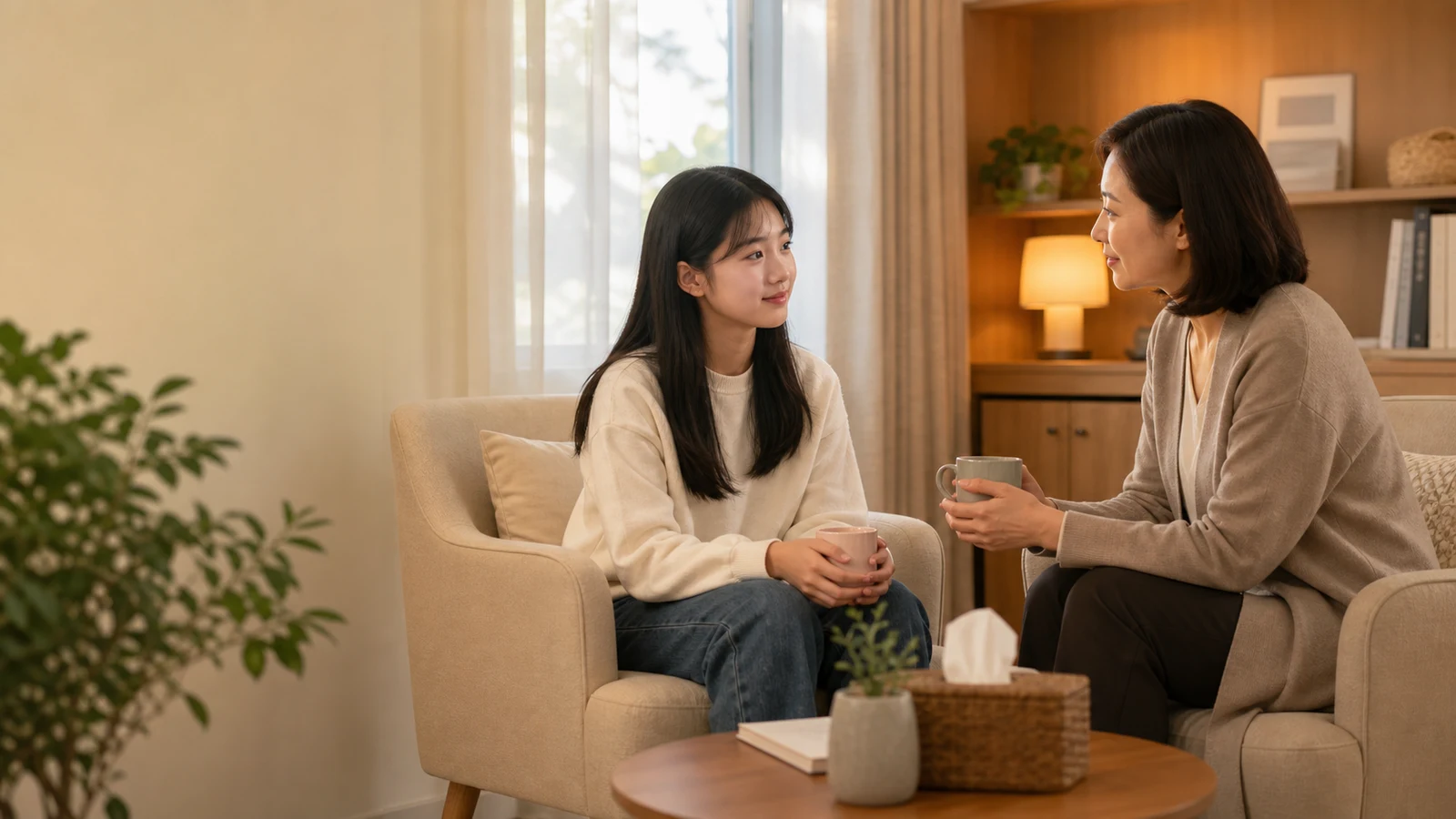 청소년 회복 상담 — 상담사와 청소년이 편안한 공간에서 대화하는 모습